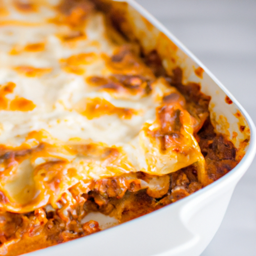A white ceramic baking dish filled with delicious homemade lasagna