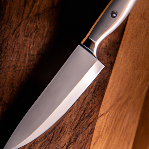 A close-up image of a high-quality chef's knife on a wooden cutting board.