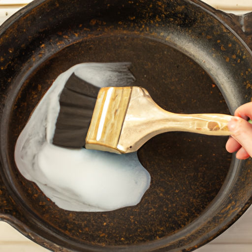 Cleaning a cast iron skillet with hot water and a brush